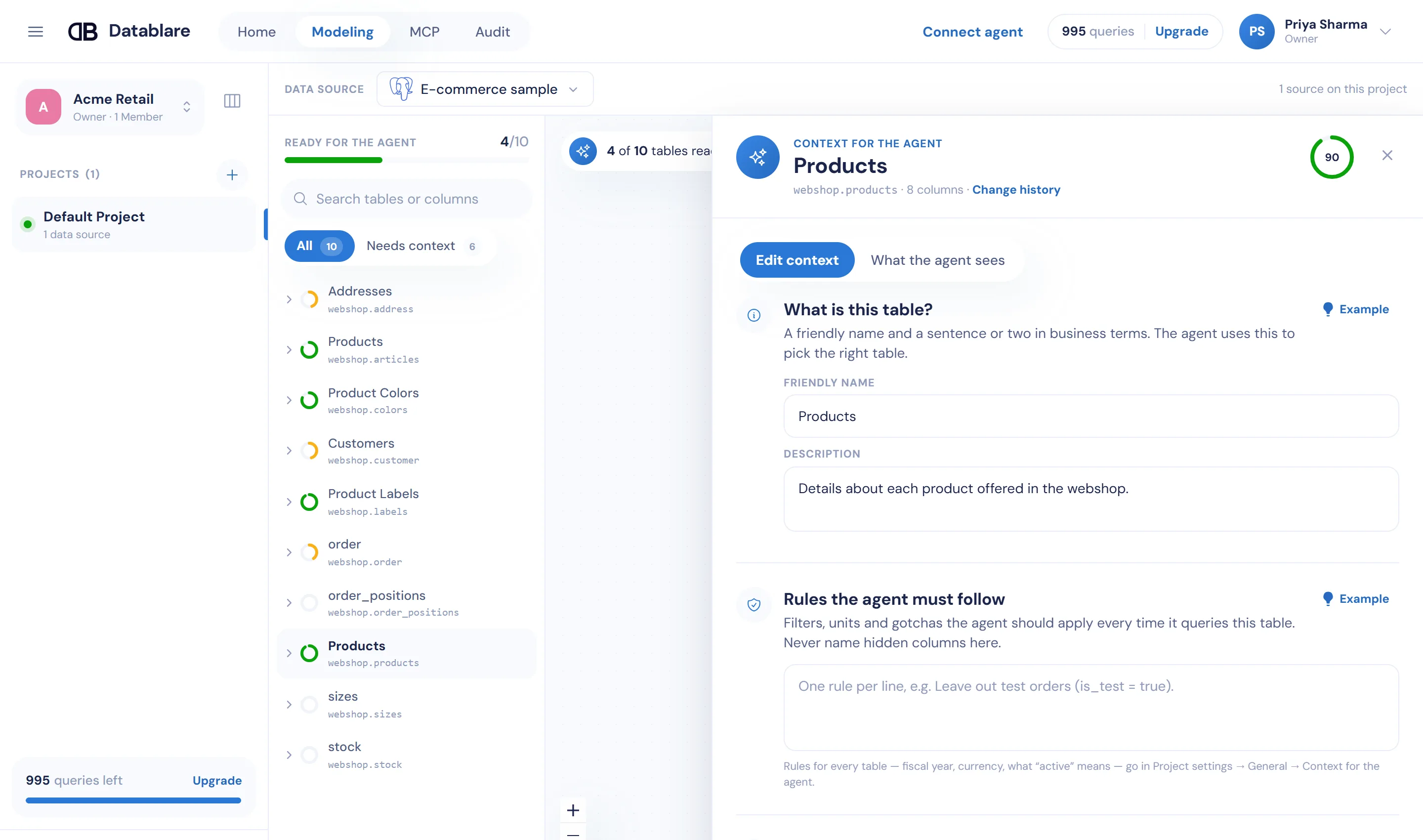 Datablare Modeling page with the Products table open: friendly name, description and a field for rules the agent must follow.